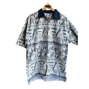 Campia Tiki Island Tiki Hut Blue Tone button-front Hawaiian Camp shirt size XL